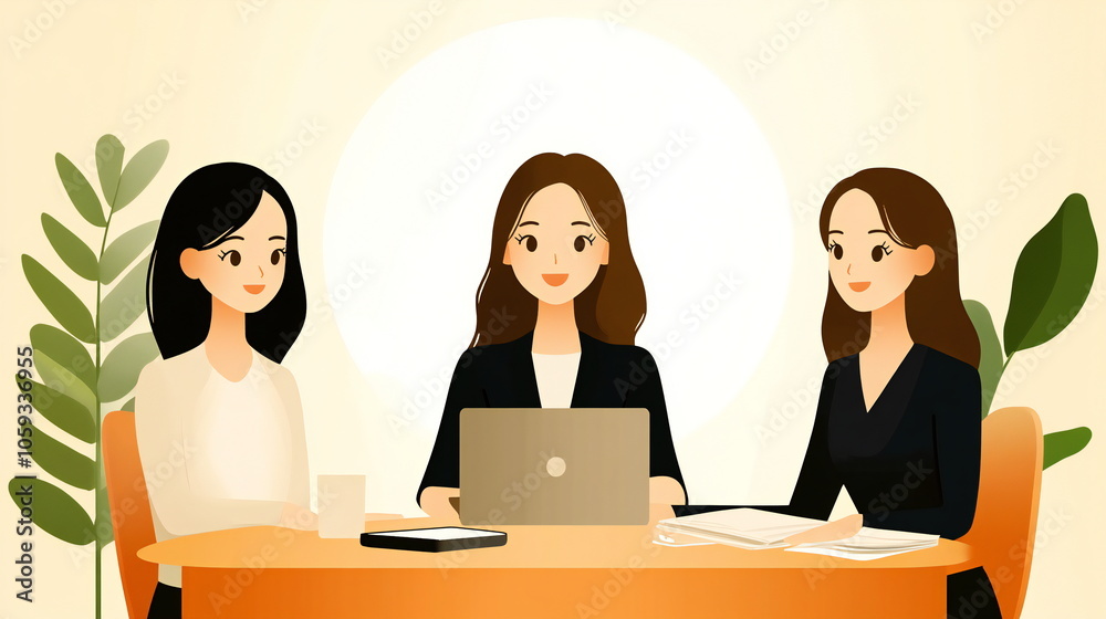 Three young women are sitting at a table, one of them is working on a laptop, smiling at the camera, while the other two are looking at her intently. Three young women are sitting at a table, one of them is working on a laptop, smiling at the camera, while the other two are looking at her intently.