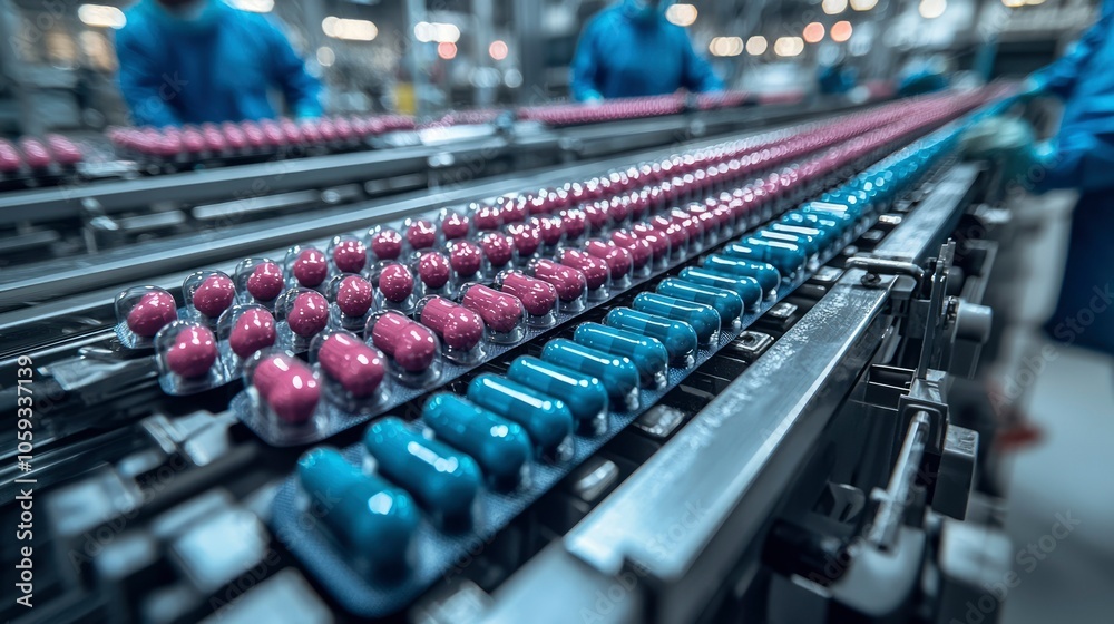 Pills on a Conveyor Belt in a Pharmaceutical Factory Pills on a Conveyor Belt in a Pharmaceutical Factory