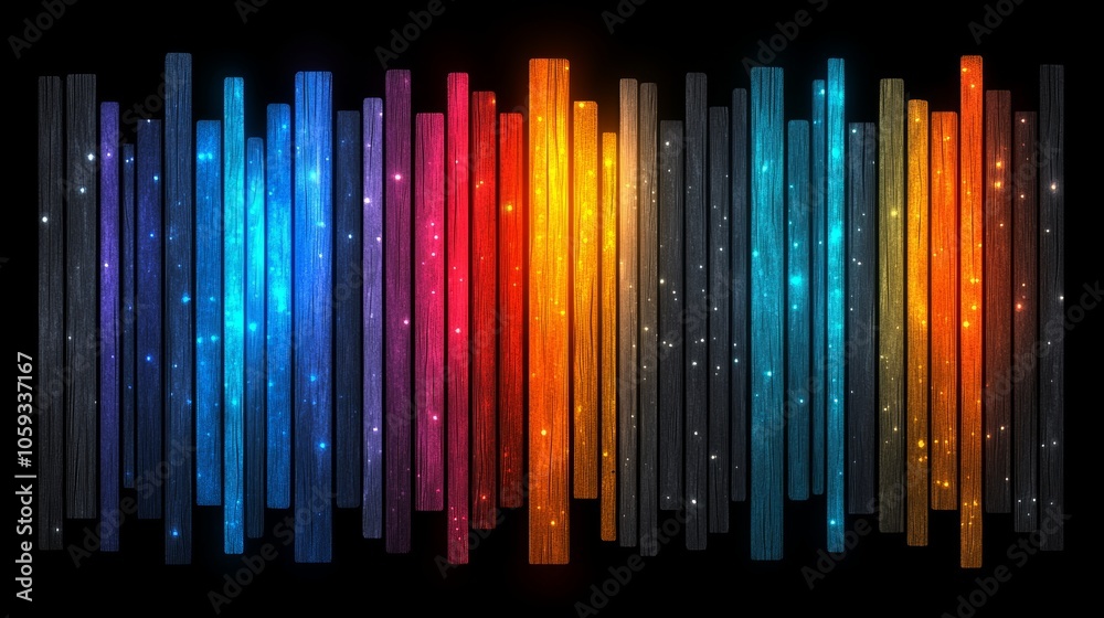 Colorful Abstract Wooden Stripes with Glowing Lights and Glittering Effect Colorful Abstract Wooden Stripes with Glowing Lights and Glittering Effect