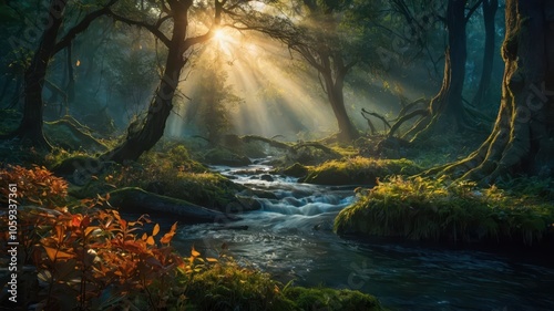 Wallpaper Mural enchanted dawn in a magical forest with a river, in the rays of the sun Torontodigital.ca