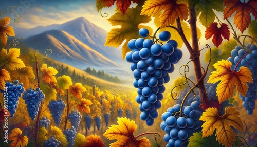 Vibrant Blue Grapes in a Vineyard with Autumn Leaves and Distant Mountains

