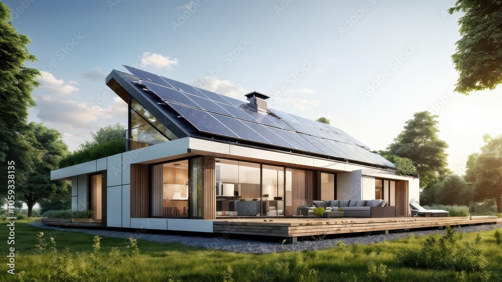 Modern house with solar panels surrounded by greenery, emphasizing sustainability. Modern house with solar panels surrounded by greenery, emphasizing sustainability.