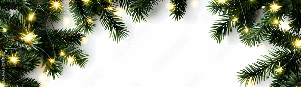 Fir tree branches with a garland of glowing lights on a white background Fir tree branches with a garland of glowing lights on a white background