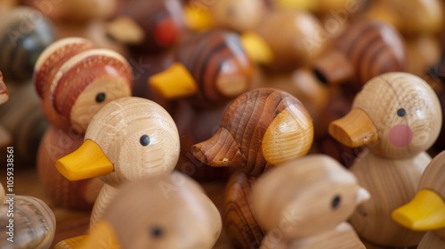 A collection of wooden pull toys shaped like e animals such as ducks bunnies and elephants. photo