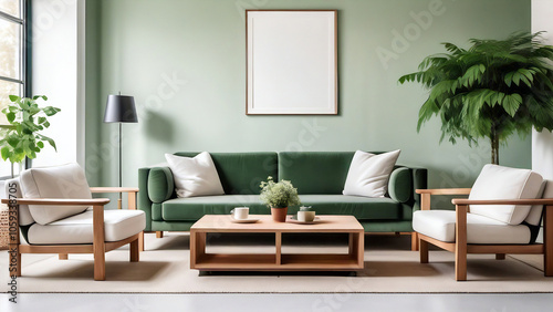 Cubic wooden coffee table between white sofa and armchairs. Scandinavian style home interior design of modern living room. Green colour.