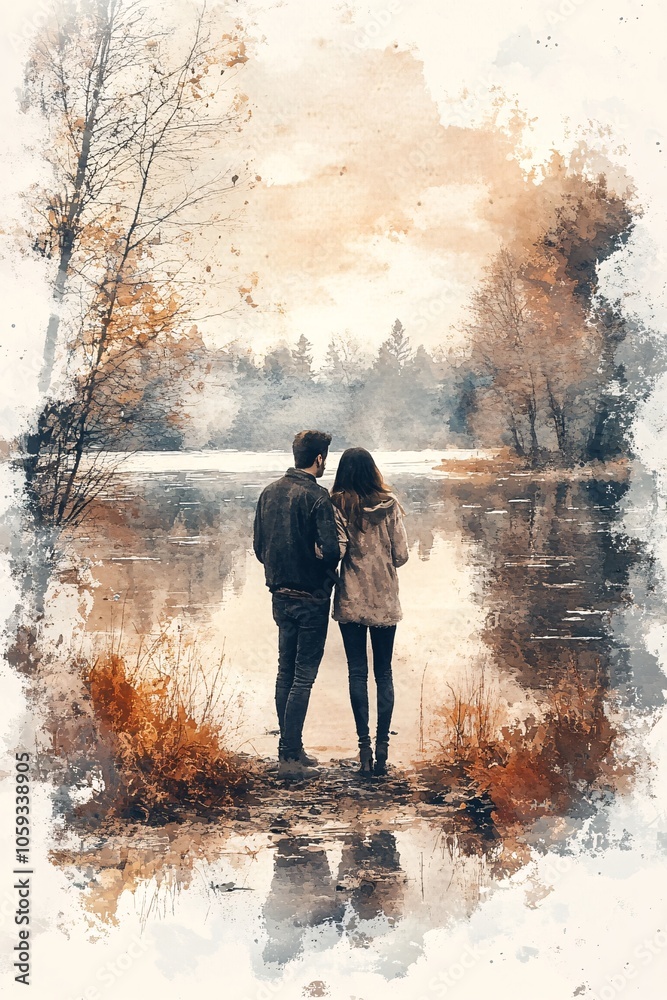 Fototapeta premium A serene moment by the water capturing the connection between two souls in nature's embrace