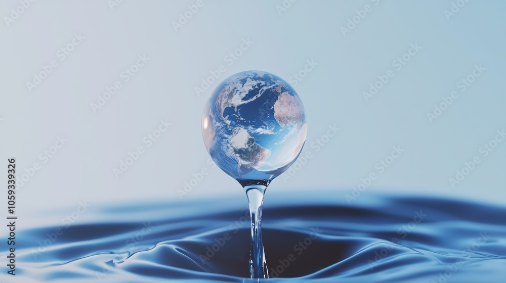 Surrealistic image of Earth captured in a water droplet, with soft blue tones and subtle light effects for a peaceful, eco-friendly theme. Surrealistic image of Earth captured in a water droplet, with soft blue tones and subtle light effects for a peaceful, eco-friendly theme.