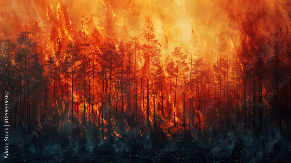 Intense forest fire blazing through trees with fiery flames in wild inferno Intense forest fire blazing through trees with fiery flames in wild inferno