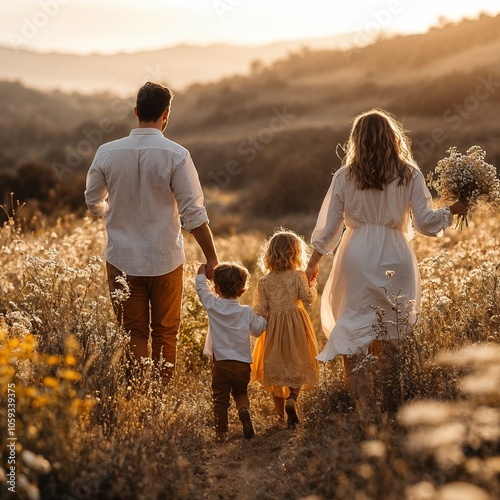  Family Walking Hand-in-Hand in a Field at Sunset for Lifestyle and Parenting Themes photo