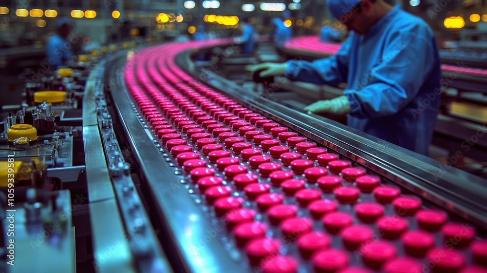 Obraz premium Pink Pills Moving on Conveyor Belt in Factory
