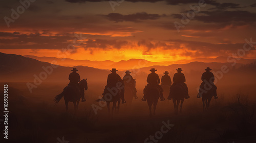 Fototapeta Naklejka Na Ścianę i Meble -  Silhouetted cowboys riding at sunset through dusty trail against fiery sky