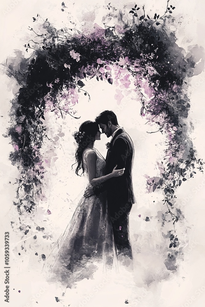 A romantic embrace celebrating love amidst a floral archway in a dreamy watercolor style