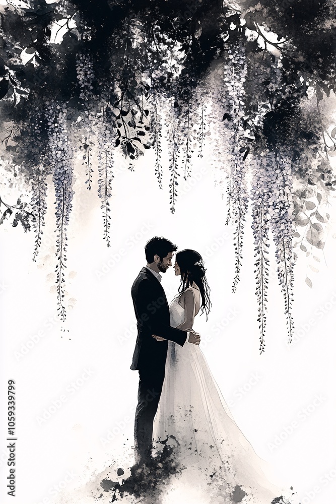 Romantic silhouette of a bride and groom embraced under an enchanting canopy of blossoming flowers symbolizing love and celebration Romantic silhouette of a bride and groom embraced under an enchanting canopy of blossoming flowers symbolizing love and celebration