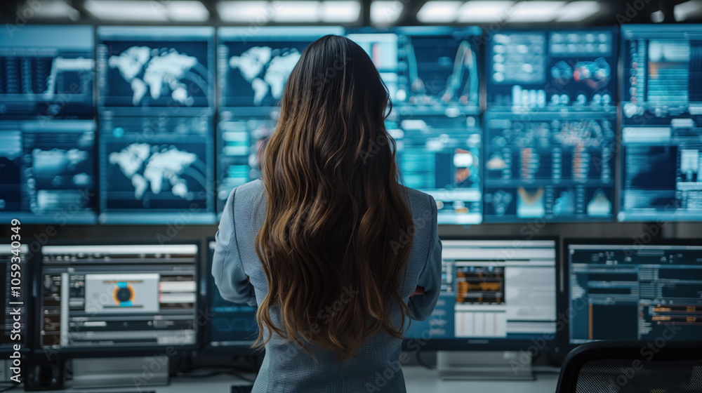 Woman analyzing global data on multiple monitors in modern control room Woman analyzing global data on multiple monitors in modern control room