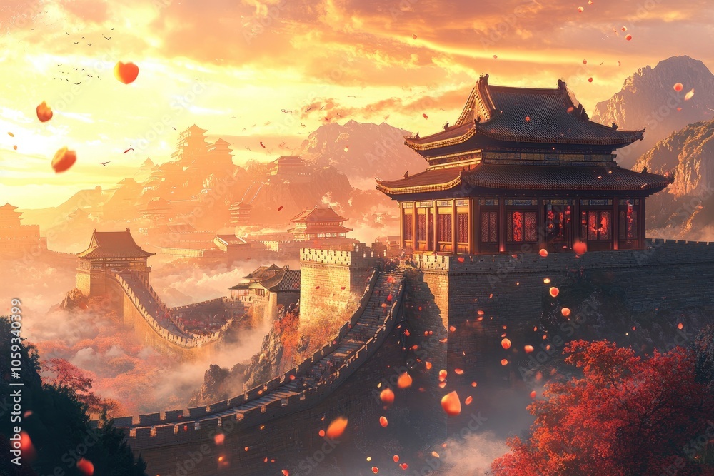 Obraz premium imagineA stunning thumbnail depicting the essence of China. Show iconic landmarks such as the Great Wall of China stretching across the mountains, with generative ai