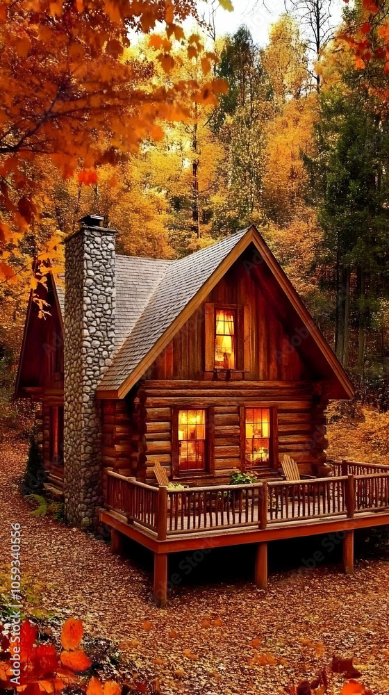 Cozy log cabin in the woods with autumn foliage.
