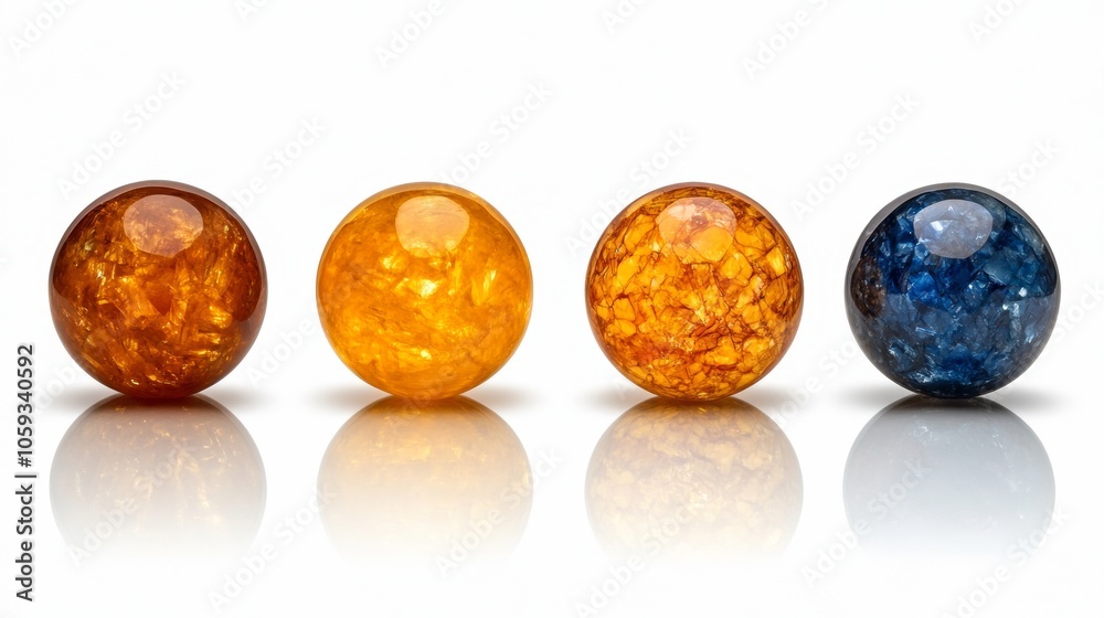 Four Shiny Crystal Orbs Amber and Blue Isolated on White Background Four Shiny Crystal Orbs Amber and Blue Isolated on White Background