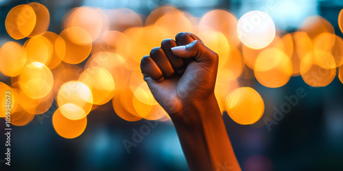 Fist of Triumph Against a Bokeh Light Background