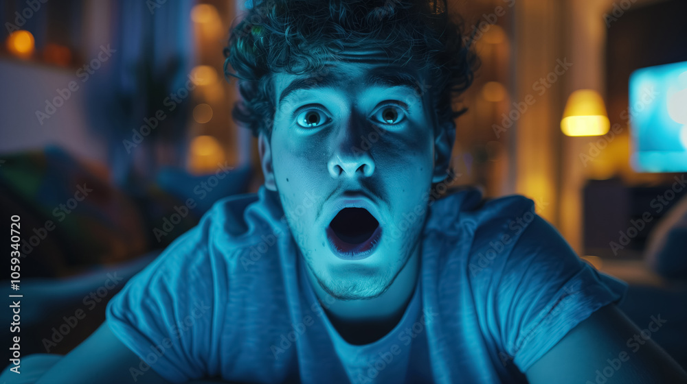 Surprised man watching tv at night in glowing blue light Surprised man watching tv at night in glowing blue light