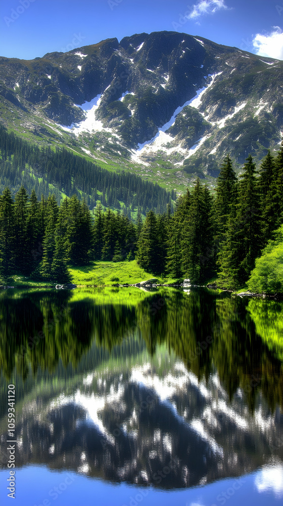 Mountain reflection in a still lake with green trees and blue sky. Mountain reflection in a still lake with green trees and blue sky.