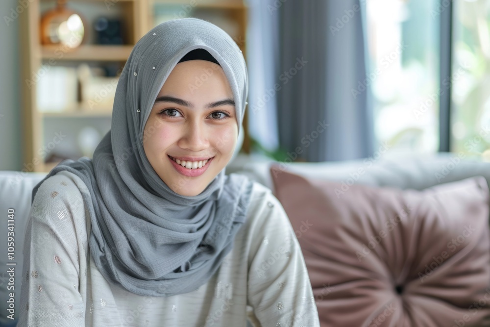 portrait of attractive young woman with hijab smiling to camera while sitting on couch portrait of attractive young woman with hijab smiling to camera while sitting on couch
