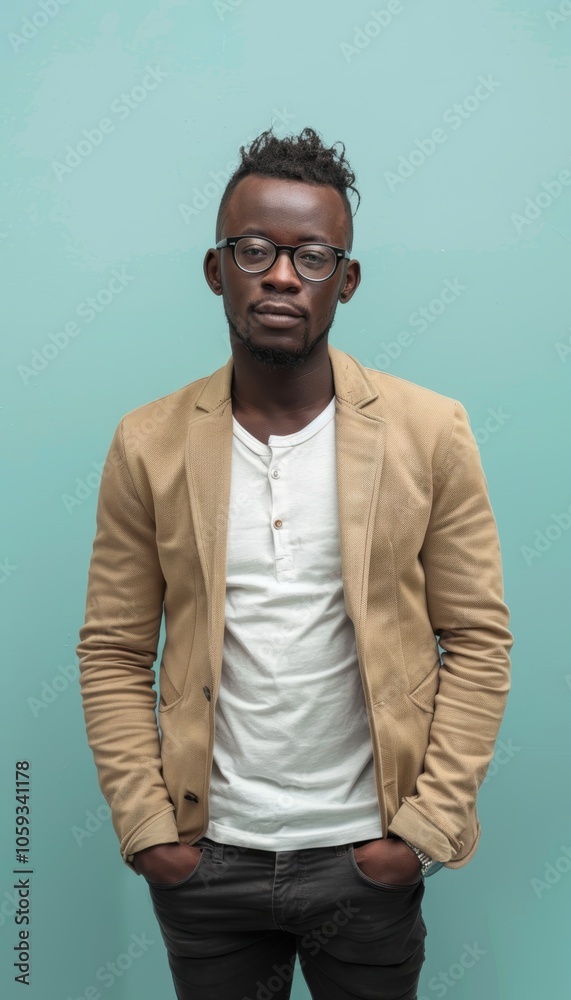 Obraz premium Innovative Tech Entrepreneur Portrait in Casual Blazer Against Light Blue Background