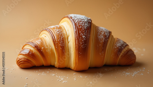 A golden, flaky croissant on display.