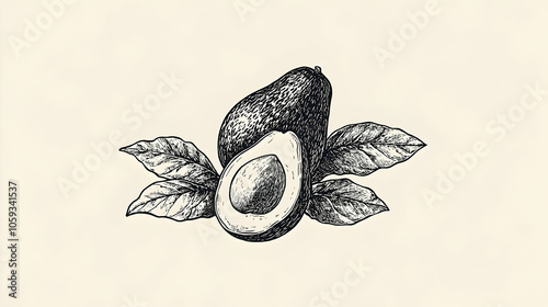 Line art illustration of a halved avocado 