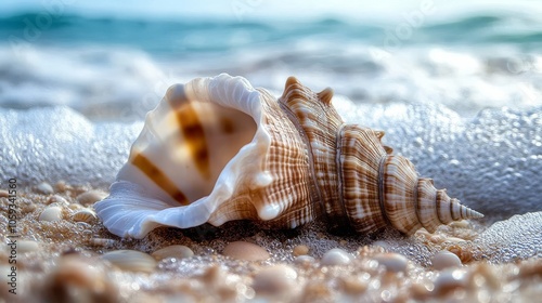 Close-up of a beautiful seashell resting on sandy beach.