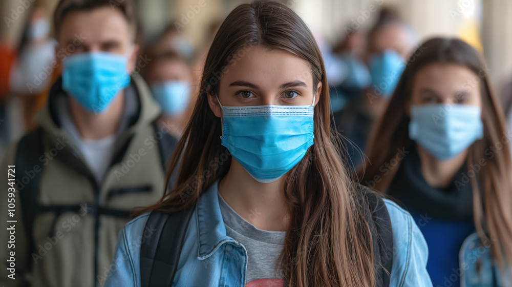 Young people wearing masks in a crowd for safety and health awareness Young people wearing masks in a crowd for safety and health awareness