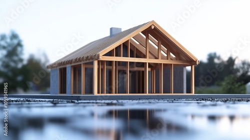 A wooden frame house model on a concrete base, with a reflection in the water. photo