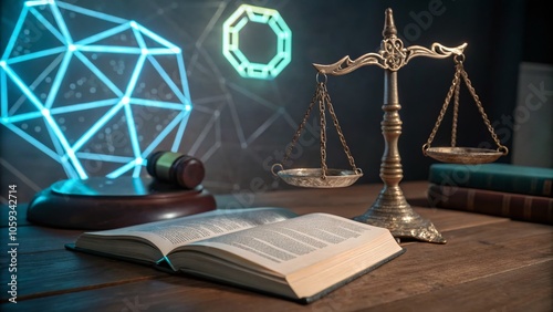 Futuristic Law Education with Glowing Open Book and Scales for Justice Concept photo