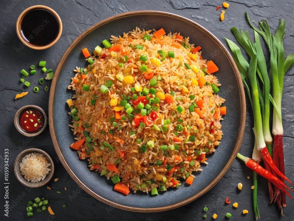 Overhead View of Fried Rice with Dipping Sauce and Garnishes on Slate Background Overhead View of Fried Rice with Dipping Sauce and Garnishes on Slate Background