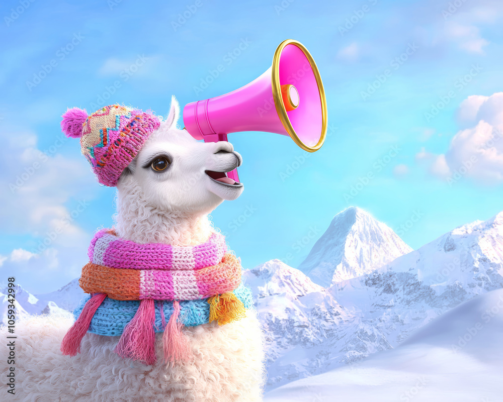 Fototapeta premium A llama with a pink and gold megaphone, set against a mountain landscape, with colorful scarves and hats in the scene.