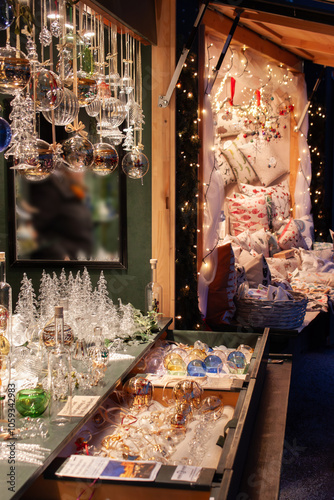 Christmas time, authentic decoration market in Vienna, Austria. Traditional Viennese culture. Selective focus on colorful scene.