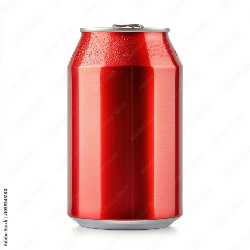A shiny, red soda can with condensation, standing upright against a plain background, showcasing its metallic sheen. A shiny, red soda can with condensation, standing upright against a plain background, showcasing its metallic sheen.