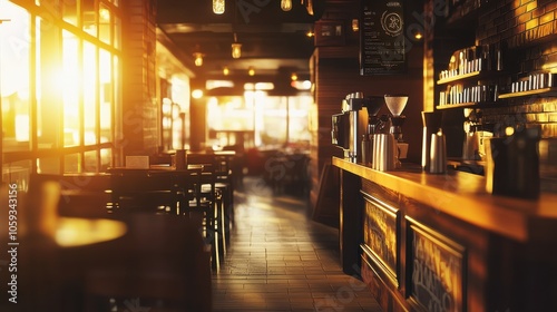 Sunlit coffee shop interior with wooden counter and seating