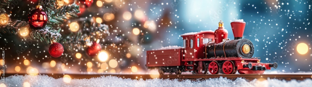 Christmas train decoration on snow next to a Christmas tree and bokeh lights size 32:9 Christmas train decoration on snow next to a Christmas tree and bokeh lights size 32:9