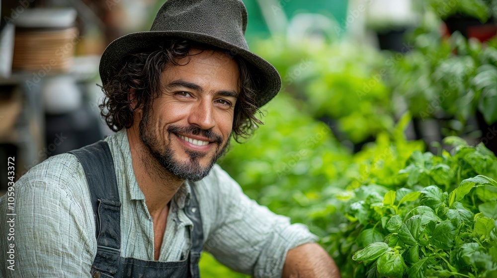 Smiling Man in a Hat and Overalls Working in a Garden Smiling Man in a Hat and Overalls Working in a Garden