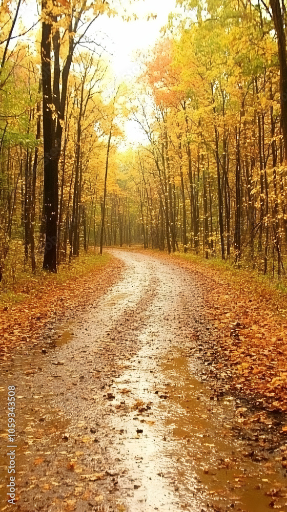 Winding forest path with fallen leaves and sunlight. Winding forest path with fallen leaves and sunlight.