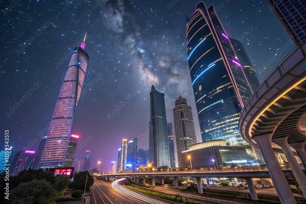 Obraz premium Futuristic Neon Cityscape at Night - Architectural Marvels and Illuminated Skyscrapers