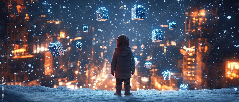 A child stands in a snowy landscape, looking up at a magical snowfall of presents.