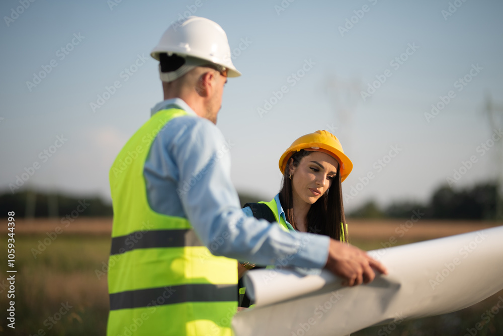 Engineers wearing hard hats discussing plans on construction site Engineers wearing hard hats discussing plans on construction site