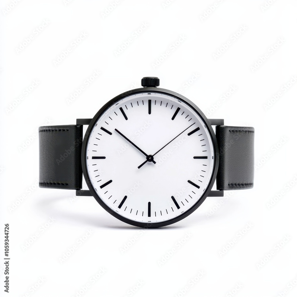 A sleek, minimalist black watch with a white face featuring simple ticks for hours, perfect for modern style and functionality. A sleek, minimalist black watch with a white face featuring simple ticks for hours, perfect for modern style and functionality.