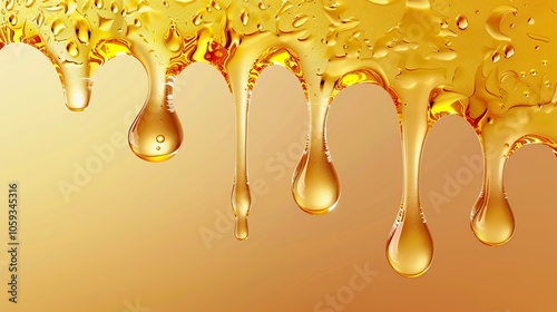 Golden honey drips slowly, creating a beautiful, viscous texture.