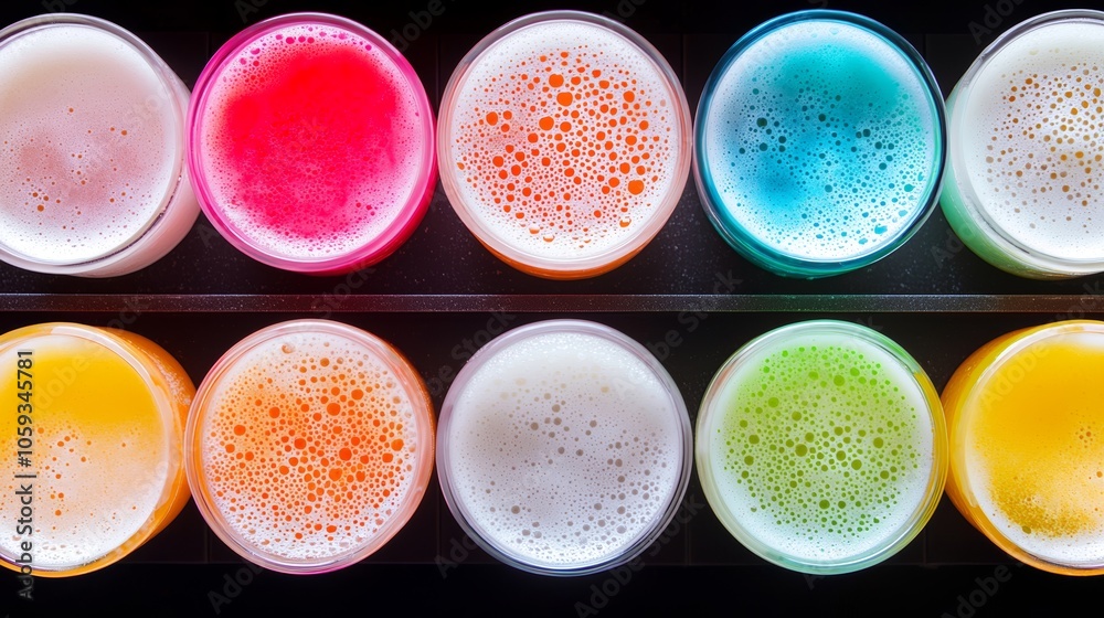 Detailed shot of frothy beer heads in different colors, illuminated by warm bar lighting, creating a welcoming atmosphere. Detailed shot of frothy beer heads in different colors, illuminated by warm bar lighting, creating a welcoming atmosphere.