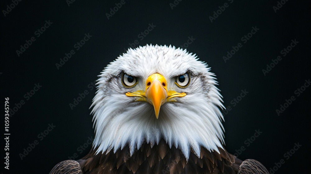 Obraz premium Intense Close-up Portrait of a Bald Eagle with Sharp Beak and Piercing Eyes on Blurred Background