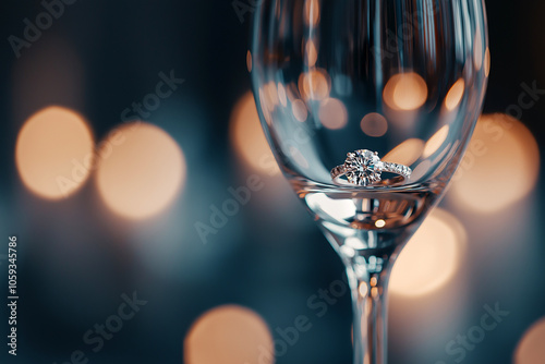 An engagement ring at the bottom of a champagne glass. Proposal with diamond ring in champagne toast, copy space. Symbol of a romantic celebration, wedding photo