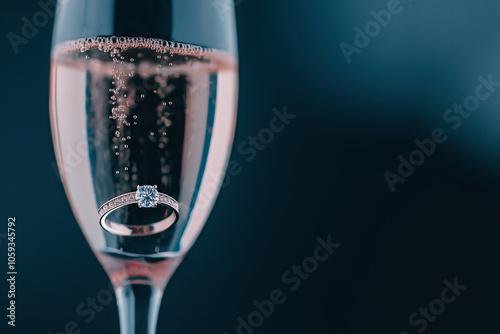 An engagement ring at the bottom of a champagne glass. Proposal with diamond ring in champagne toast, copy space. Symbol of a romantic celebration, wedding photo