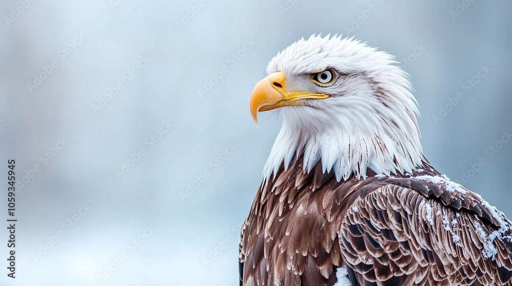 Majestic Bald Eagle Resting on Snow-Covered Tree Branch in Winter Wonderland, Close-Up of Feathers
